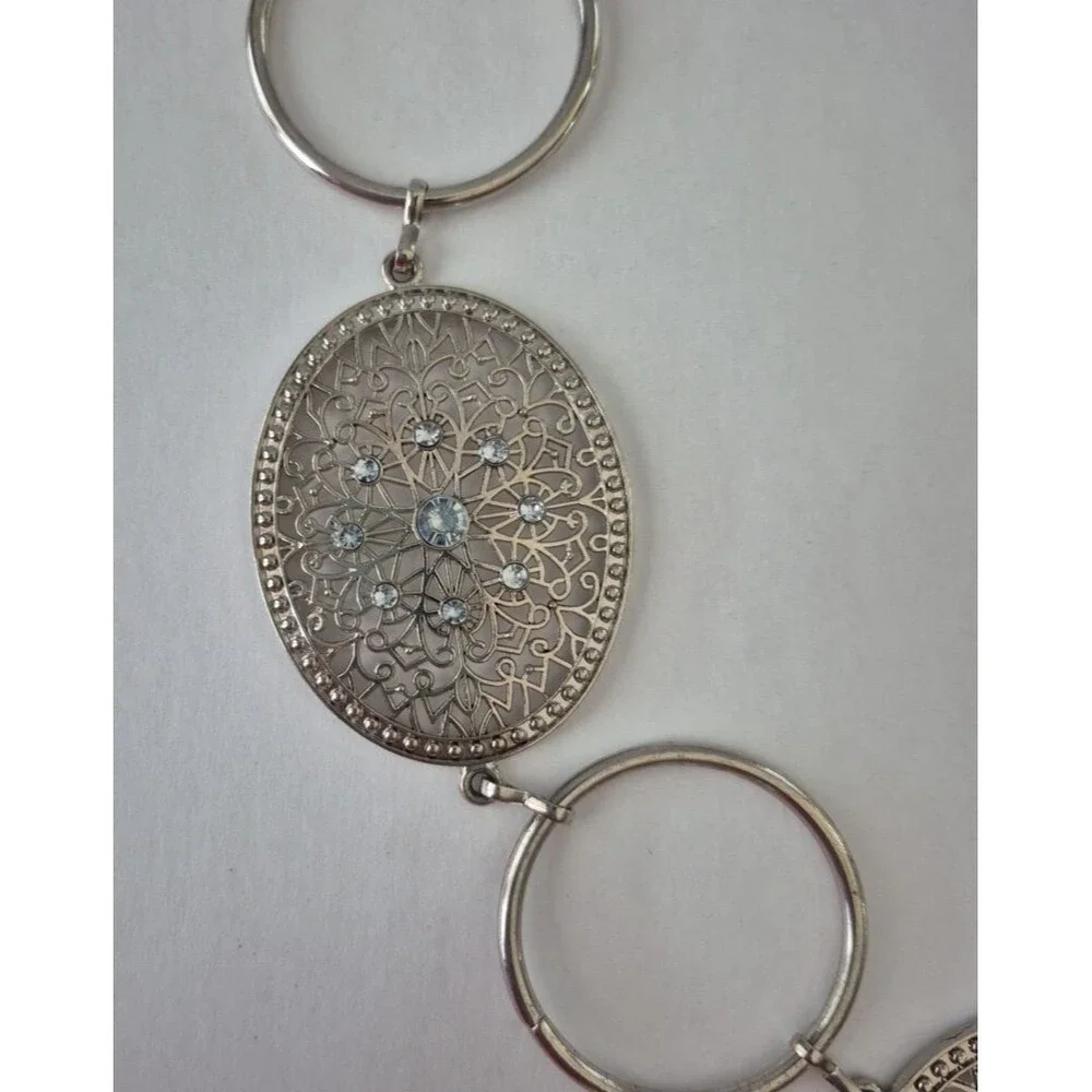 Silver ToneCircle and Oval Filigree Gems Chain Link Waist Hip Belt 44 IN Total